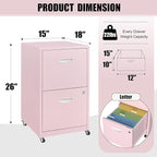 2 Drawer Mobile File Cabinet with Lock, Metal Filing Cabinets with Wheels, Pink Rolling Storage Cabinet, Under Desk Vertical File Cabinet for Home Office, Lockable Steel Two Drawer for Letter Size