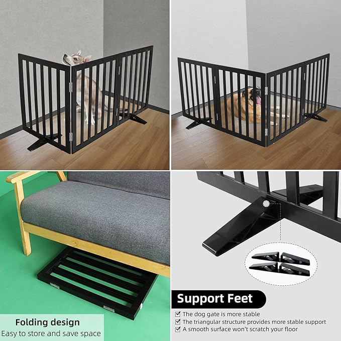 ZJSF Freestanding Indoor Dog Gate for House Foldable Wood Puppy Gate for Doorways Pet Gate for Stairs Extra Wide Pet Fence, Black, 32" Height 2 Panels