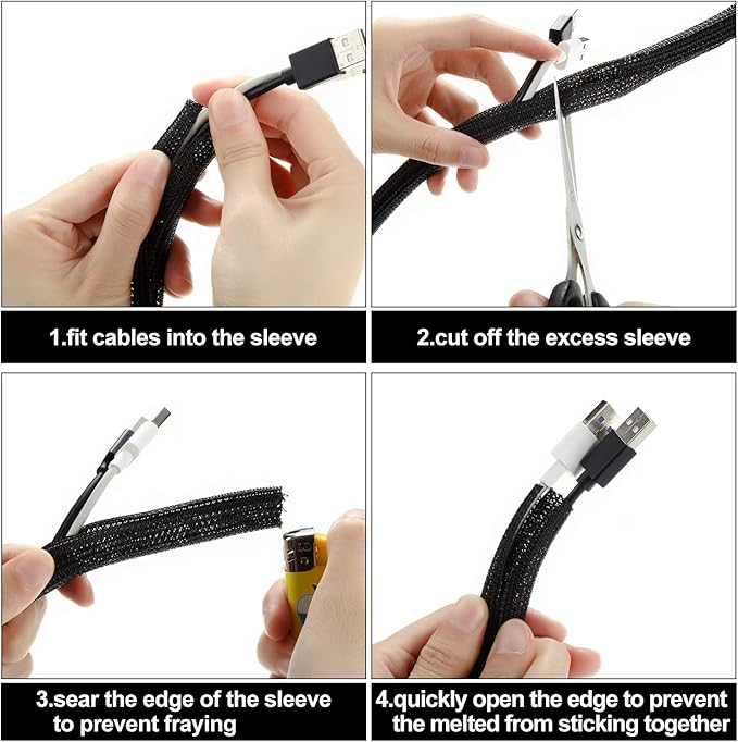 Boao 3 Pieces Cord Protector Wire Loom Black Tubing Cable Sleeve Split Sleeving for USB Charger Cord Cover Audio Video Cable, Each Size 10 ft 3/4 Inch, 1/2 Inch, 1/4 Inch