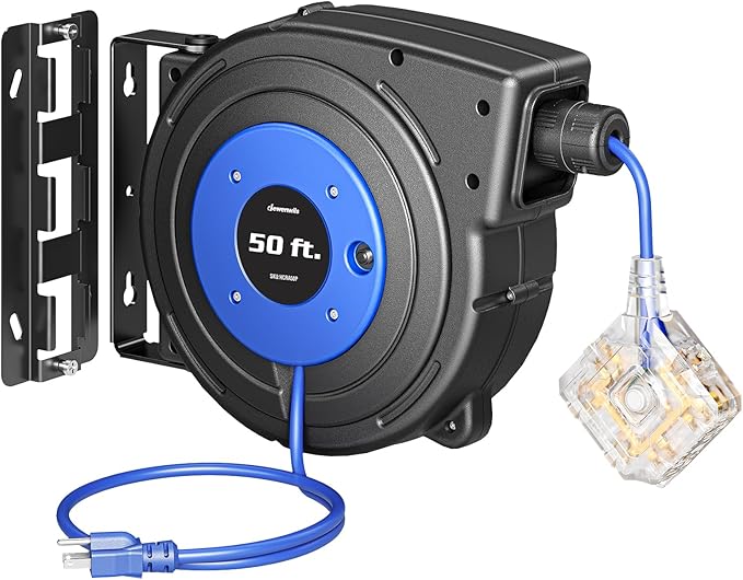 DEWENWILS 50FT Extension Cord Reel, Retractable Extension Cord Reel, Twist-lock Stopper, 14/3C SJTOW, 6 Grounded Outlets, 13A Circuit Breaker, Heavy Duty Power Cord, ETL Listed