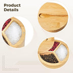 3-Compartment Wooden Salt and Pepper Box, Spice Condiment Holder with Spoon and Adsorptive Lid, 4.7 Inch Kitchen Storage for Seasonings