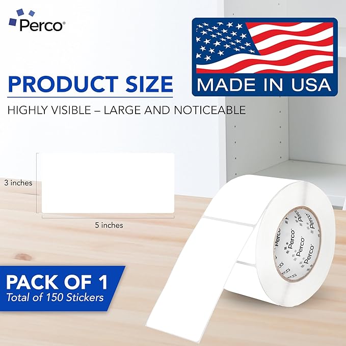 Perco White 3x5 Inch Perforated Sticker Labels — 150 Stickers Per Roll — with Permanent Adhesive for Inventory Management, Color Coding, Moving Boxes, Retail, Organizing, Crafting & More — Made in USA