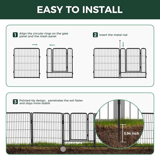 FXW Garden Fence Outdoor for The Yard – 50in(H) x 5.2ft(L) Heavy Duty Metal Animal Barrier for Dog and Rabbit, Decorative Dog Fence, 2 Panels, Black