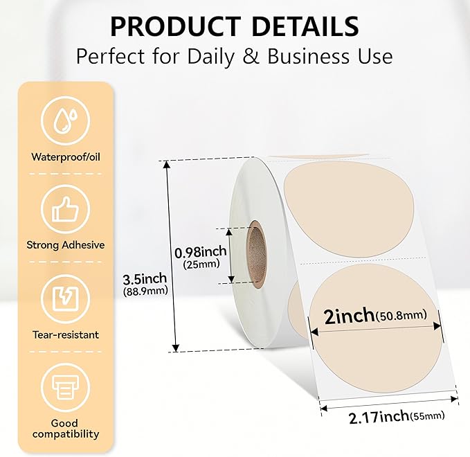 2 inch Dot Stickers Labels Circle Garage Sale Sticker 750Pcs Round Thermal Printer Stickers Printable Writable Price Labels for Yard Sale, Light Brown