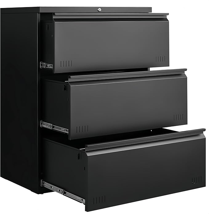 Lateral 3 Drawer File Cabient with Lock, Metal Filing Cabinets for Home Office, Heavty Duty Office Storage Cabinet for A4/Letter/Legal (Matte Black)
