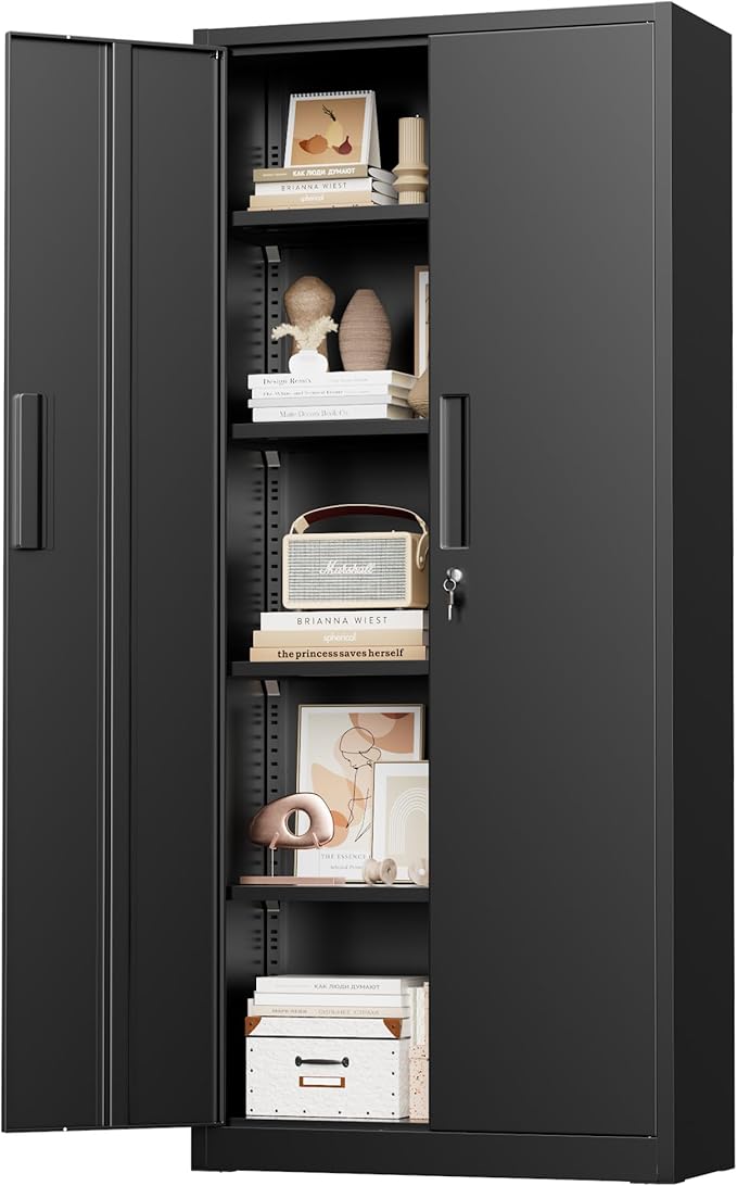 Crownland 63" Metal Storage Cabinet, Lockable Garage Storage Cabinets, High Office Cabinet with Adjustable Shelves for Garage, Home Office, Pantry, File(Black)
