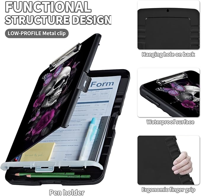 Clipboard with Storage,Clip Boards 8.5X11 with Storage & Pen Holder,Heavy Duty Plastic Nursing Clipboards Foldable,Coaches Clipboard Folder Case,School Office Supplies，Sugar Skull Butterlies Floral