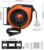 Retractable Cord Reel, 75 FT Heavy Duty Extension Cord, 14AWG/3C SJTOW, 3 Grounded Outlets Lighted Triple Tap, 10A Circuit Breaker, Wall/Ceiling Mounted, UL Listed, Black B75CR06