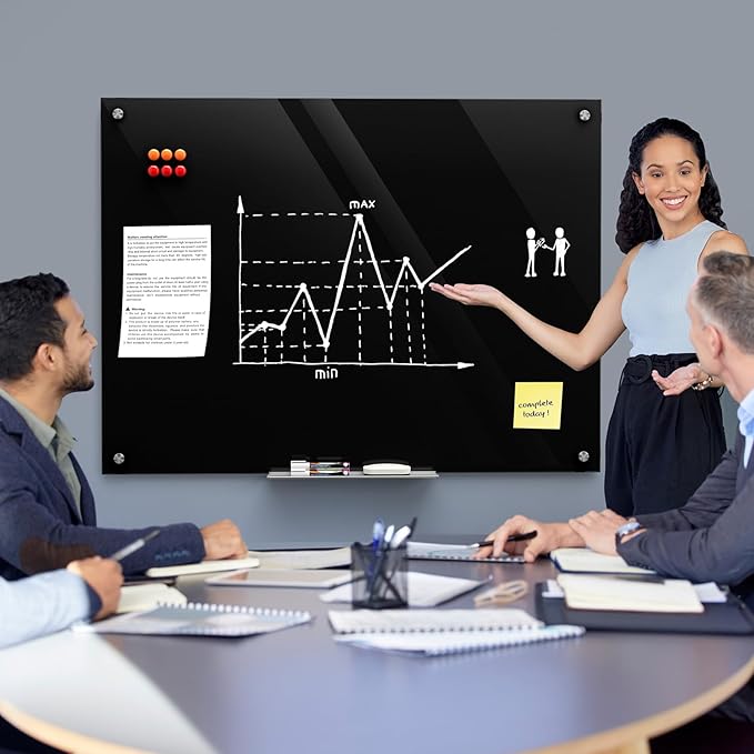 MaxGear Glass Whiteboard 48x36 Inches Wall Mounted, Magnetic Black Dry Erase Board with 1 Eraser, 1 Accessory Tray, 4 Markers and 6 Magnets, Large Frameless White Board for Office, School, Home