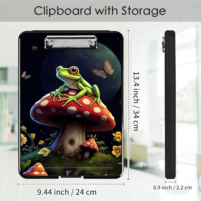 Clipboard with Storage,Office Supplies Nursing Clipboards Folder with Pen Holder Plastic Foldable Clip Board with Storage for Nurse Teacher,Cute Mushroom Frog
