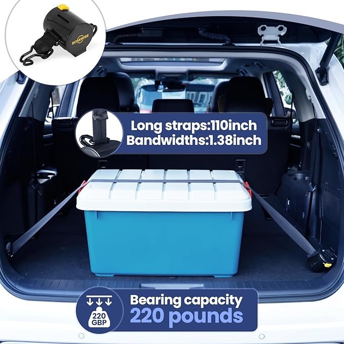 Cargo Straps for Car Trunk – Self-Retracting Tie-Down Straps – 2-Point Ratchet Tie-Down Straps with Hooks – Heavy-Duty Car Straps for Cargo Organization and Storage – for SUVs, Hatchbacks
