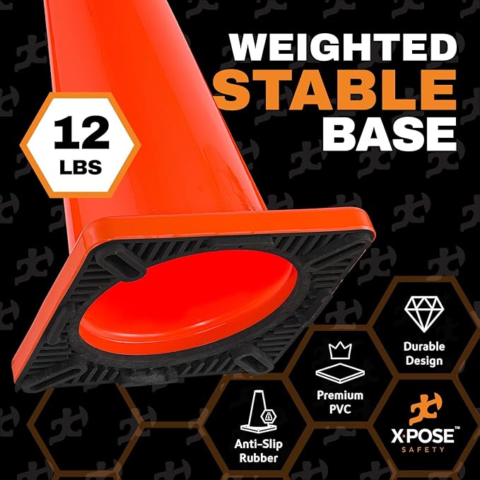 Xpose Safety 36 Inch Orange Traffic Cones Heavy Duty 12lb with 6" & 4" Collars, 4 Pack - Multipurpose PVC Plastic Safety Cone for Parking, Soccer, Caution, Kids and Construction - DOT Approved