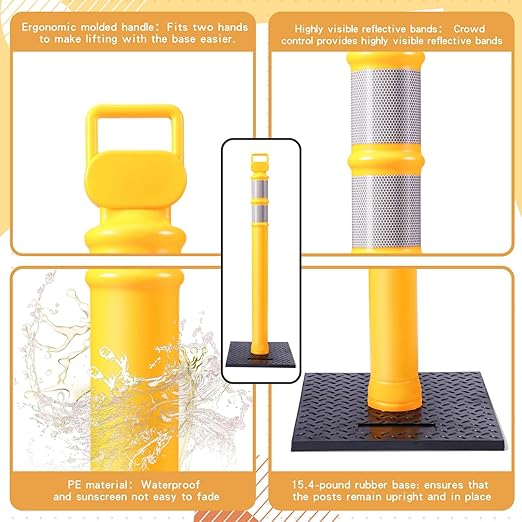 Kanayu 49 Inch Traffic Delineator Posts with 8.8 Lbs Rubber Base PE Delineator Post Portable Parking Pole Traffic Cone Barrier with Removable Base, Reflective Band(4 Packs,Yellow)