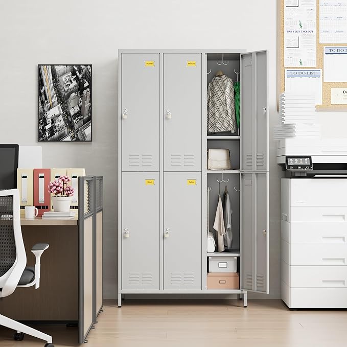 Employees Locker, 72 inch Tall Metal Storage Locker with 6 Doors for School Hospital Garage Gym Home Office with 12 Hooks, Requires Assembly