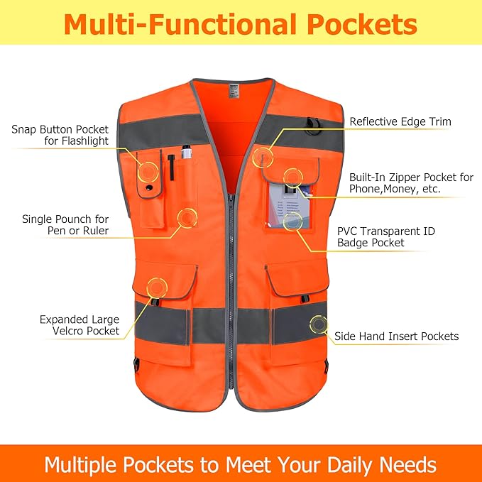 TCCFCCT Hi Vis Vest 9 Pockets High Visibility Reflective Safety Vest for Men Women, Safety Construction Vest with Reflective Strips, Meets ANSI/ISEA Standards, (Orange, Medium)