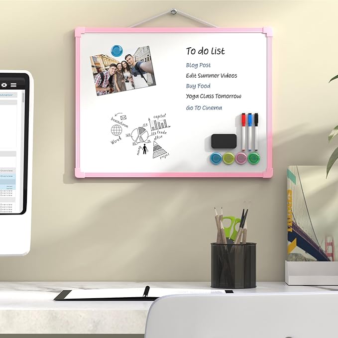 MaxGear Double-Sided Dry Erase Board for Wall, 16"x12" Hanging Whiteboard, Small Dry Erase White Board kit, Portable Whiteboard for Planning, Drawing, Memo, to Do List, Pink Frame