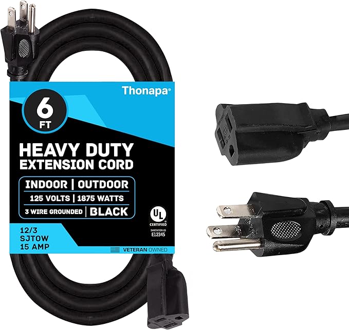 6 Foot Outdoor Extension Cord - 12/3 Heavy Duty Black Extension Cable with 3 Prong Grounded Plug for Safety - Great for Garden, Tools and Major Appliances