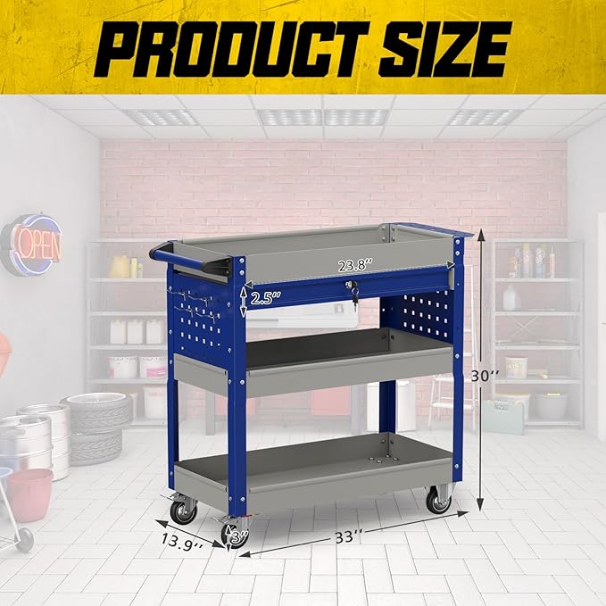 3 Tier Rolling Tool Cart on Wheels, 450 LBS Capacity Tool Cart with Drawers, Heavy Duty Rolling Utility Cart on Wheels, Rolling Tool Work Carts for Garage, Warehouse and Repair Shop,Grey Blue