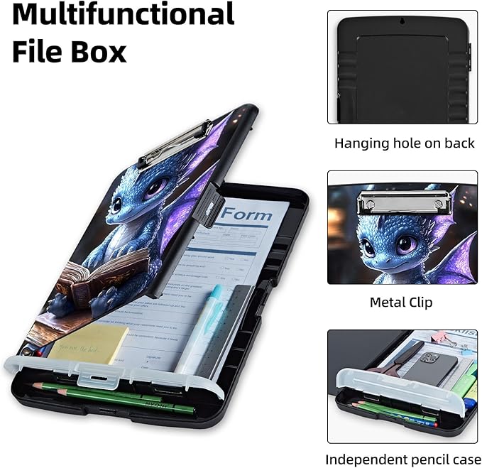 Clipboard with Storage Box & Pen Holder,Heavy Duty Clip Boards 8.5x11 for Nursing,High Capacity,School & Office Supplies,Dragon Reading Book