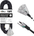 3-Outlets Indoor Outdoor Extension Cord Weatherproof with Lighted End, UL Listed, 12 Gauge 15FT Black 3 Prong Heavy Duty, 12/3 SJTW 15A Power Cord