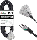 3-Outlets Indoor Outdoor Extension Cord Weatherproof with Lighted End, UL Listed, 12 Gauge 15FT Black 3 Prong Heavy Duty, 12/3 SJTW 15A Power Cord