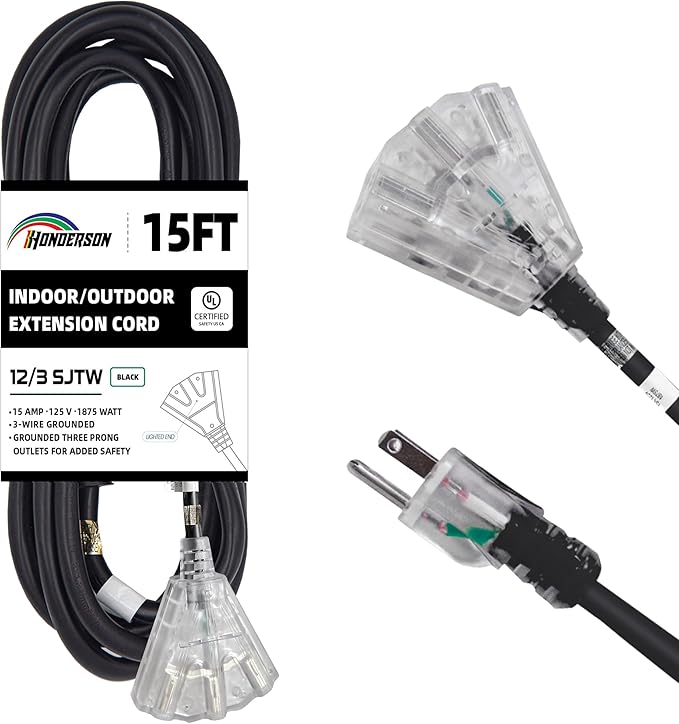 3-Outlets Indoor Outdoor Extension Cord Weatherproof with Lighted End, UL Listed, 12 Gauge 15FT Black 3 Prong Heavy Duty, 12/3 SJTW 15A Power Cord