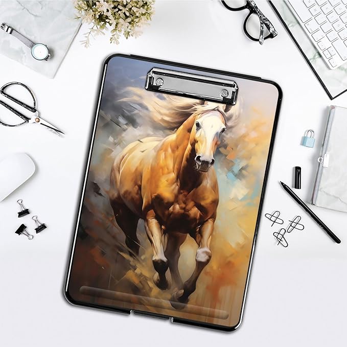 Clipboard with Storage,Office Supplies Nursing Clipboards Folder with Pen Holder Plastic Foldable Clip Board with Storage for Nurse Teacher,Galloping Horse