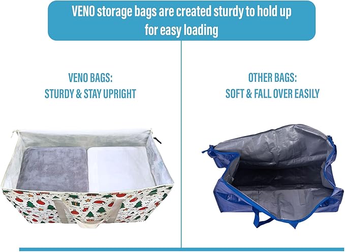 VENO 2 Pack Moving Bags and Large Christmas Storage Bins with lids. Alternative to Moving Boxes, Packing Supplies for College. Extra Large Heavy Duty Totes for Packaging (Jingle Mix, 2 Pack)