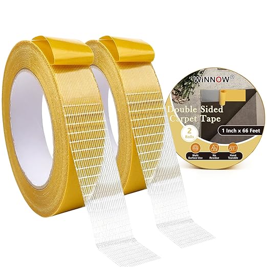 WINNOW Heavy Duty Double Sided Rug Tape 1 Inch x 66 Feet – Carpet Tape Gripper for Wood, Tile & Carpet, Non‑Slip, Strong Hold, Removable, 2 Rolls