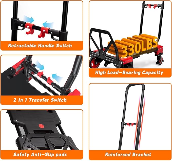 2-in-1 Folding Hand Truck with Folding Basket,Hand Truck with Retractable Handle, 330LBS Capacity Heavy Duty Hand Dolly, Dolly Cart with Wheels for Luggage/Moving/Travel