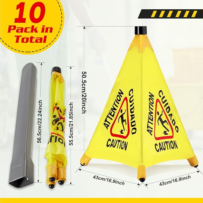 10 Pcs Pop up Wet Floor Sign with Storage Tube 20 Inch Wet Safety Signs Commercial Caution Safety Cone Pop up Caution Sign for Commercial Stores Grocery Restaurant Restroom Office Use