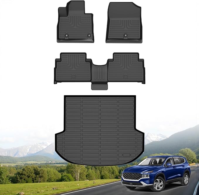 Hutisya-Floor Mats & Cargo Liner Set Fit for Hyundai Santa Fe Hybrid 2021-2023/Santa Fe PHEV 2022 2023 All Weather Protection Anti-Slip & Durable TPE Full Set Liners Automotive Accessories-Black