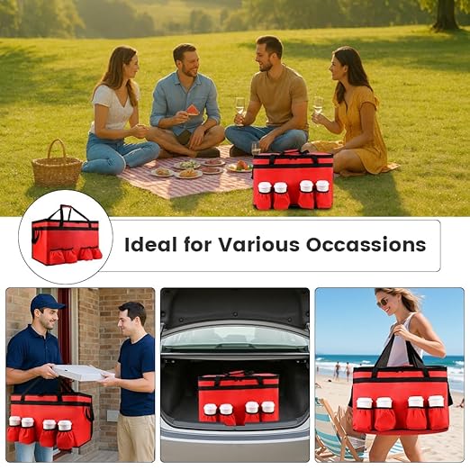 Insulated Food Delivery Bag with 4 Cup Holder and Bottom Support, XX-Large Insulated Grocery Bags Keep Food Hot/Cold, Cooler Bags with Drink Carrier, Food Carrier Catering Bag for Events, Red