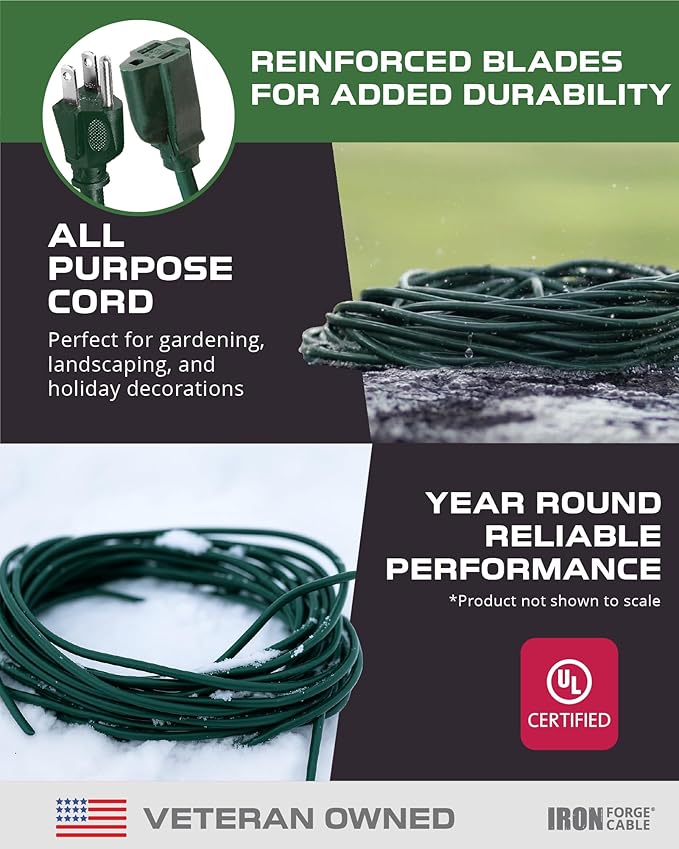 Pack of 2 Outdoor Extension Cords, 15 FT ea - 16/3 Durable Green 3 Prong Extension Cord Pack