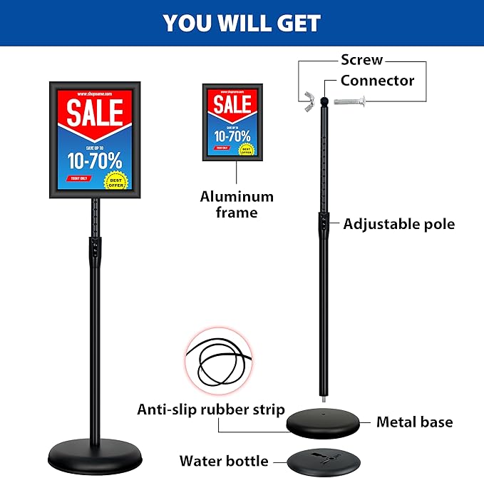 2Pack 8.5x11 Inch Adjustable Pedestal Poster Sign Stand, Heavy Duty Floor Standing Sign Holder Stand Aluminum Snap Open Frame for Vertical and Horizontal View Sign Displayed(Black)