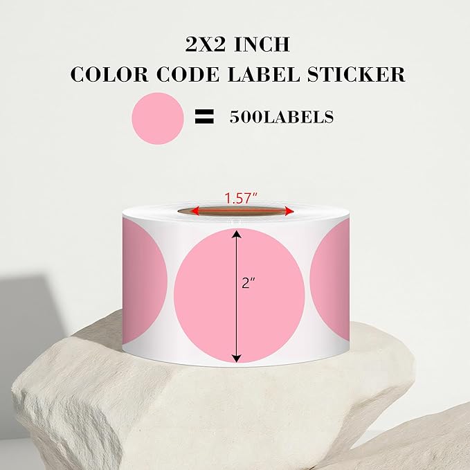 2 Inch Pink Circle Stickers, Permanent Sticky Dots, 500 Pcs Roll, Colored Dot Stickers for Toddlers, Drafting Dots, File Classification Stationery Labels