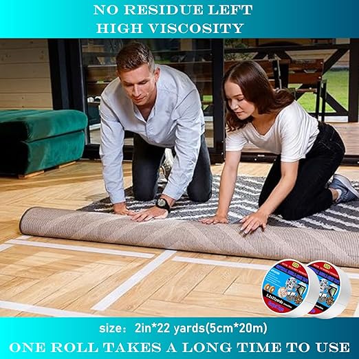 Double Sided Carpet Tape 2 in x 22 yd Heavy Duty - Strong Adhesive for Area Rugs, Mats, Stairs on Hardwood, Tile, Concrete Floors No Residue Removable