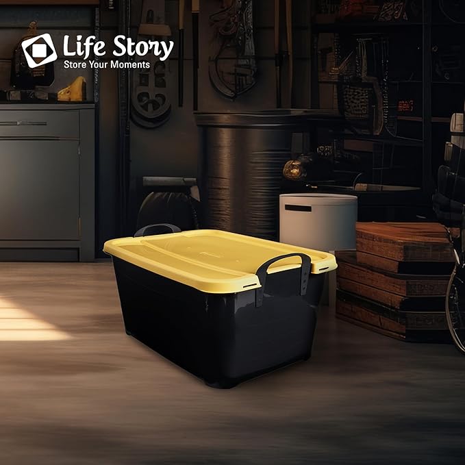 Life Story 12 Pack Heavy Duty Stackable Storage Bin, 55 Quart Home Organizer, Versatile Lightweight Locking Bins with Carrying Handles, Black/Yellow