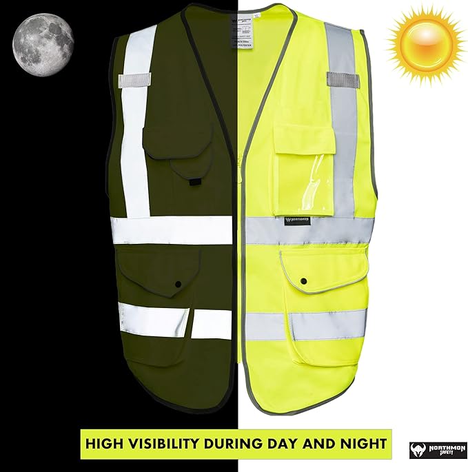 Vest 9 Pockets Class 2 High Visibility Zipper Front Construction Vest For Men & Women – Yellow