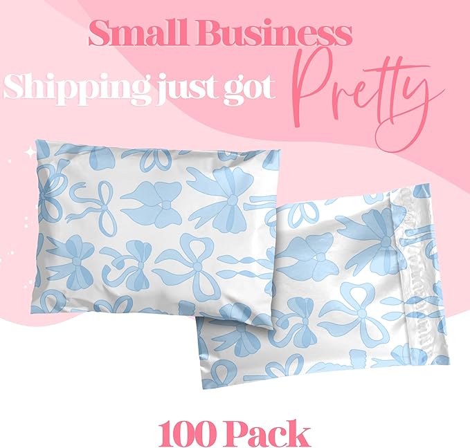 6x9 Designer Poly Mailer 100 Pack Heavy Duty Waterproof Self Seal Shipping Bags for Small Business Large Mailing Envelopes Bulk Tear Resistant Packaging Blue Bows