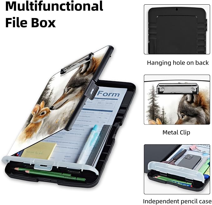 Clipboard with Storage Box & Pen Holder,Heavy Duty Clip Boards 8.5x11 for Nursing,High Capacity,School & Office Supplies,Wolf Rabbit Forest