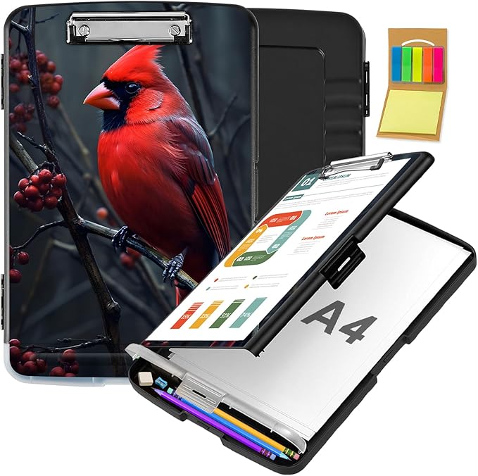 Clipboard with Storage,Office Supplies Nursing Clipboards Folder with Pen Holder Plastic Storage ClipBoard Foldable for Teacher Nurse,Beautiful Redbird