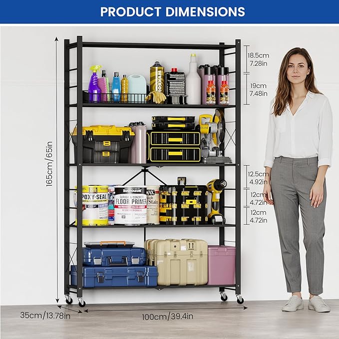 ALANNG 40" W Foldable 5-Tier Storage Shelves with Wheels, Adjustable & Removable Metal Rack, Heavy Duty Rolling Organizer for Kitchen, Garage, Closet, Pantry, and Office (Black,4 Pack)