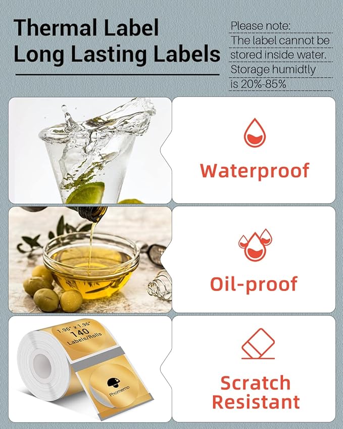 Phomemo Sticker Circle Labels- 1.96"x1.96"(50x50mm) Thermal Label for M110/M221/M220/M120/M200, for Barcode/Address/Mailing/Logo/Business/Home Tag, Black on Golden