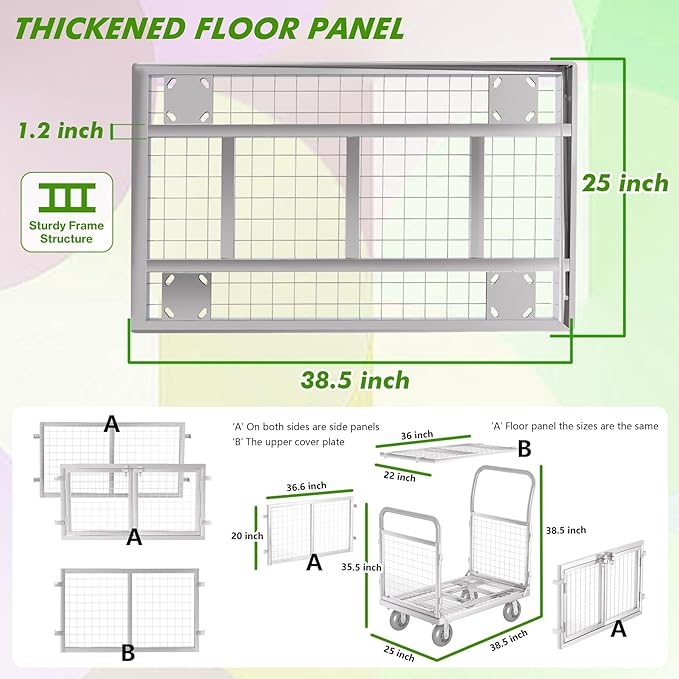 Platform Truck Cart with Cage 2-Door Design 7 in 1 Mutipurpose Handcart with 5" Wheel 39"x25" Large Uitility Cart, Mesh Plate w/Removalble Fence 6-Side, Load 2000lbs for Grocery/Laundry/Stall/Storage