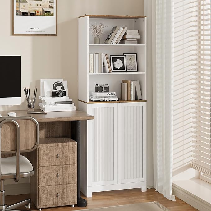Bathroom Storage Cabinet - 46.7" Freestanding Tall Cabinet with Slatted Doors and Open Shelves, Adjustable Shelves, White Bathroom Organizer for Small Spaces, Bathroom Linen Tower with Closed Storage