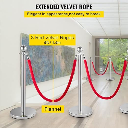 VEVOR Stanchion Post with Velvet Ropes, 6-Pack Crowd Control Stanchion with 3PCS 5FT Red Velvet Ropes, Stainless Steel Queue Barrier Line Divider with Ball Top for Events, Museums, Parties