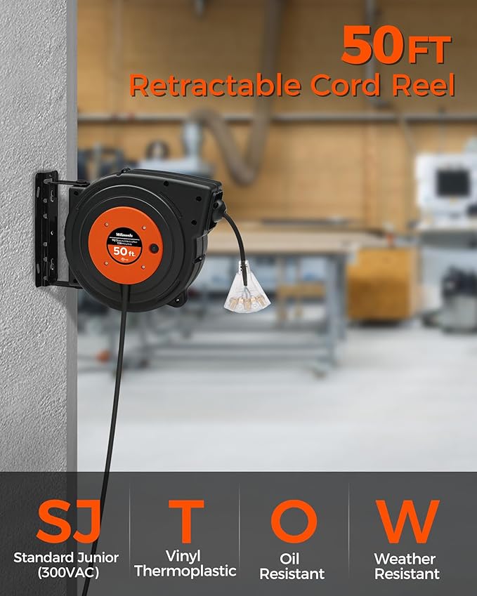 Retractable Extension Cord Reel, 50 FT Heavy Duty Power Cord, 14AWG/3C SJTOW, 3 Grounded Outlets Lighted Triple Tap, 13 Amp Circuit Breaker, UL Listed, Orange B50CR06