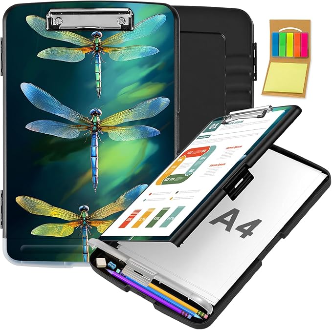 Clipboard with Storage,Office Supplies Nursing Clipboards Folder with Pen Holder Plastic Storage ClipBoard Foldable for Teacher Nurse,Green Dragonflies