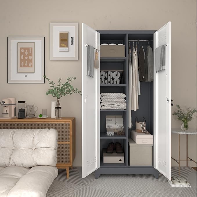 LUCYPAL Broom Storage Cabinet with Locking Doors and Shelves,Broom Closet Storage Cabinet with Hanging Rod and Hooks,Metal Garage Cabinets for Kitchen,Bathroom,Office 72.8" H White&Grey